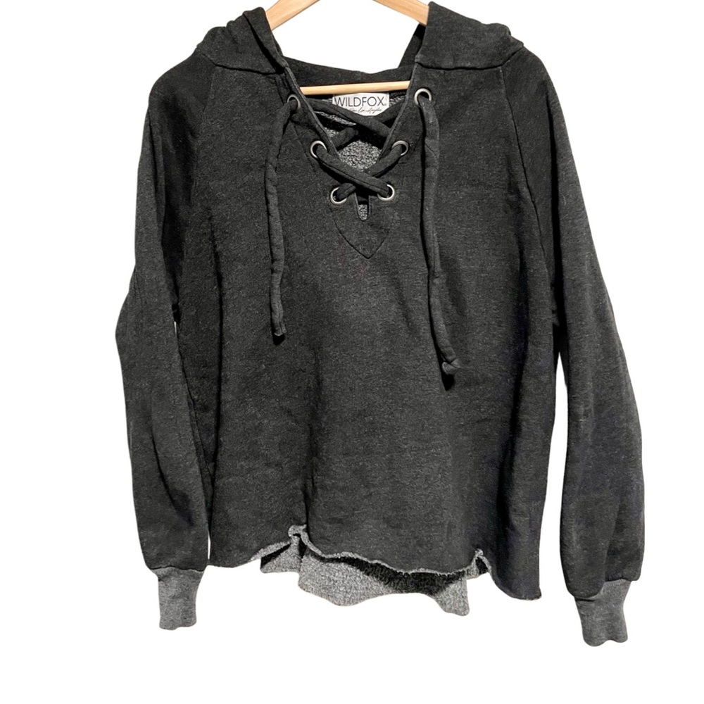 Wildfox Charcoal Gray Hoodie Cropped Raw Hem Lace Up Front Cozy Comfy